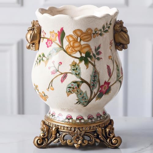 8.3" Ceramic Vintage Flower Vase with Gold Pedestal, Rustic Chinoiserie Floral Fruits Porcelain Urn for Home Decor, Antique French Country Farmhouse Centerpiece for Kitchen Table Entryway Mantel by Unknown
