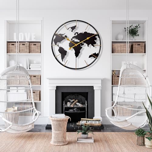 Large World Map Wall Clock,Metal Minimalist Modern Clock,Round Non-Ticking - Image 5