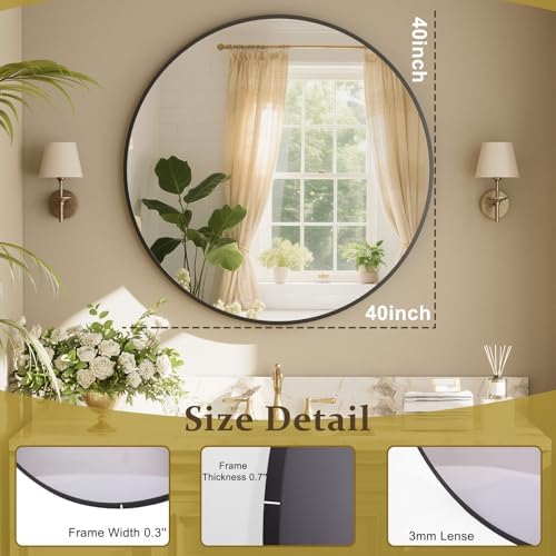 XRAMFY 40 Inch Round Mirror - Black Circle Mirrors for Bathroom, Entryway - Image 4