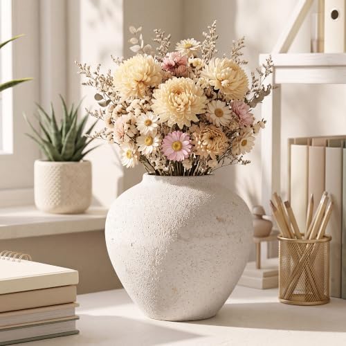 Large Round White Vase with Pottery Look, Metal Rustic Vase for Flowers - Image 5