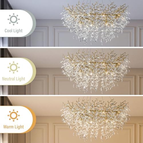 YUYI 47" Modern Crystal Chandelier, 14-Light Gold Tree Branch Chandelier, Round Chandeliers for Dining Room, Living Room, Foyer, Entryway, Kitchen, Bedroom, Luxury K9 Crystal Raindrop Light Fixture - Image 6