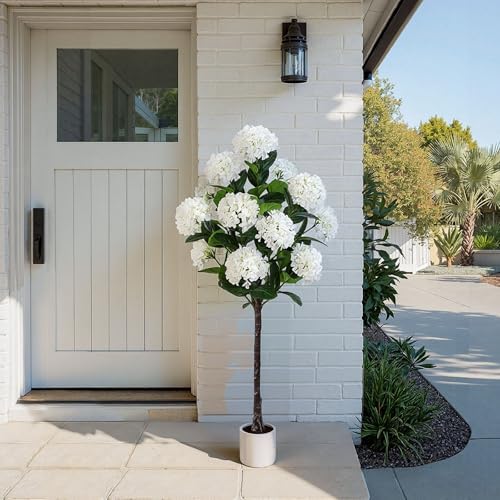 YEPDIN Set of 2 Artificial Hydrangea Tree 5 ft- Large Faux Hydrangea Plants Indoor Outdoor，Fake Flower Trees with White Tall Planter for Home Garden,Front Decor - Image 5