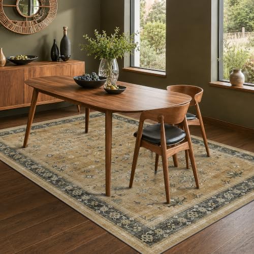 Hazo Haus Vintage 5x8 Living Room Area Rug - Washable Rustic Brown and Charcoal Olive Dining Room Under Kitchen Table, Boho Low Pile Non-Slip Rugs for Bathroom - Image 3