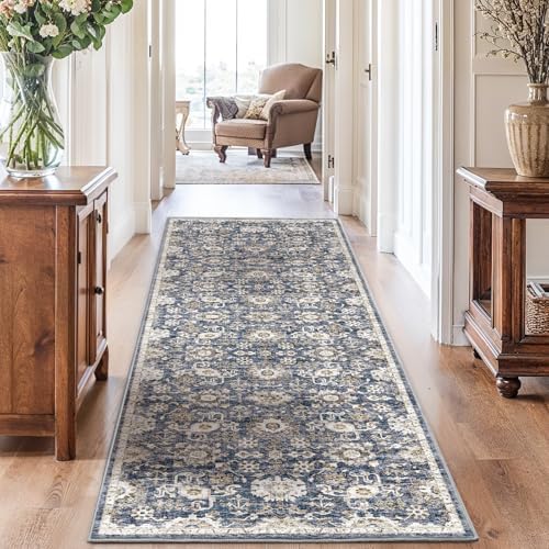 Amada 2'6"x8' Washable Runner Rug for Hallway, Blue/Brown, Vintage Style by AMADAHOMEFURNISHING