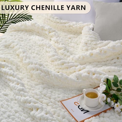 L'AGRATY Chunky Knit Throw Blanket for Couch, 60 x 80 Inches, Cream White - Image 3