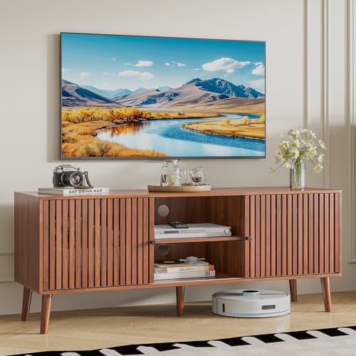 Oubayajia Mid Century Modern TV Stand for Televisions up to 60 Inches, with Sliding Doors and Storage, Television Stands, TV Consoles, Media Consoles for Living Room(Walnut-51.2inch) by OUBAYAJIA
