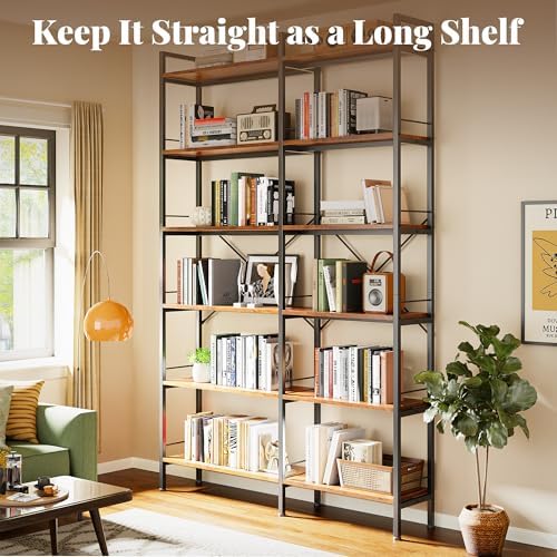 Huuger 6 Tier Bookshelf, L Shaped Corner Bookshelf with Open Shelves, 49.4 Inch Straight Wide Bookcase with Metal Frame and Wooden Board, Adjustable Feet, Rustic Brown - Image 5
