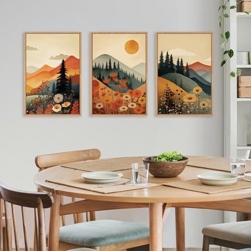 LHIUEM Large Boho Mountain Sunset Framed Canvas Wall Art Set, Pine Tree Flowers Wall Decor, Nature Landscape Forest Artwork for Living Room,Bedroom,Dining Room,Office -24"x36"x3 - Image 4
