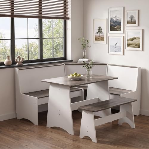 Farmhouse Breakfast Nook Table Set with L-Shaped Corner Bench & Hidden Storage – Space-Saving Dining Set for Small Kitchens, Reversible Bench Seating 3-4, Easy-Clean Waterproof Laminate (White + Gray) by Unknown