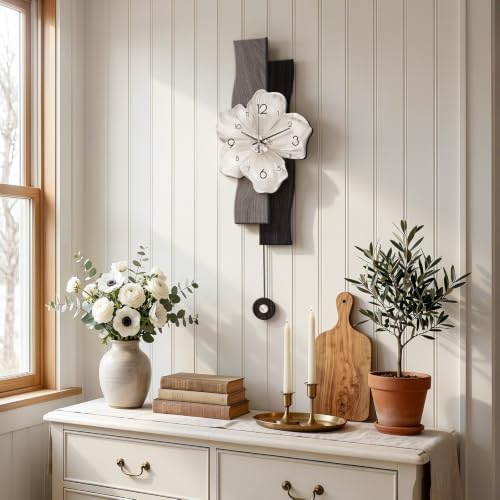 Flower Wall Clocks Battery Operated Decorative with Pendulum 9*24in,Grey - Image 4