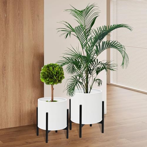 ARNIS Modern Plant Pots, Set of 2 Large Planters with Stand, Decorative Planters, Metal Pots with Drainage Holes for Living Room, Office, Garden or Balcony, 8.25 &10.5 Inch, White by ARNIS