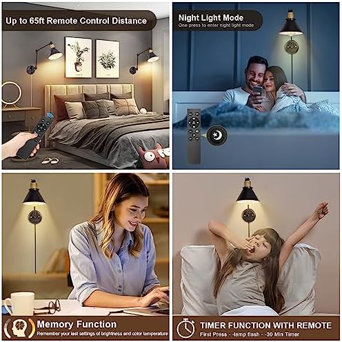 TRLIFE Dimmable Wall Sconce, Remote Control Plug in Wall Sconces Dimming 10%-100% and Adjustable Color Temperature 2700K-6000K, Swing Arm Wall Lights with Plug in Cord, UL Listed(2 Pack, 2 Bulbs) - Image 5