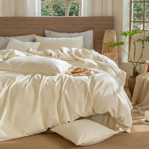 MooMee Wavy Striped Duvet Cover Set 100% Washed Cotton Linen Like Textured Breathable Durable Soft Comfy (Cream White, Palatial King/Oversized King 120"x98") - Image 6