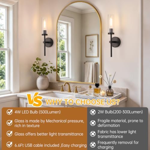 Shenmoyl Battery Operated Wall Sconces Set of 2, Black Rechargeable Wall Lighting Fixtures, Dimmable Wall Lights with Remote & Clear Glass Shade for Living Room, Bathroom,Bedroom - Image 4