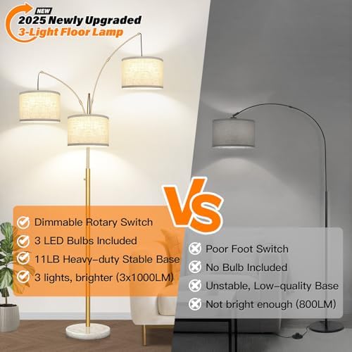 Dimmable Floor Lamp - 3 Lights Gold Arc Floor Lamps for Living Room, 1000LM Modern Tall Standing Lamp with White Shade&Marble Base, Mid Century Tree Floor Lamp for Bedroom Office, 3 LED Bulbs Included - Image 6