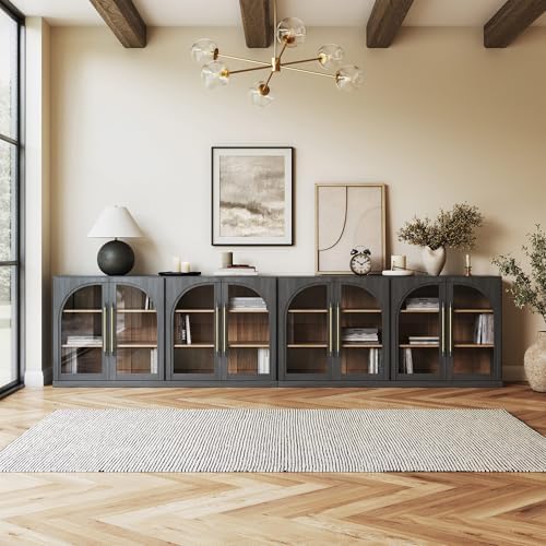 BELLEZE 2-Piece 65" Arched Sideboard with Glass Door, Accent Buffet Cabinet with Storage and Adjustable Shelves, Classic Modern Large Console for Living Room Kitchen Entryway (Ebony) - Image 5
