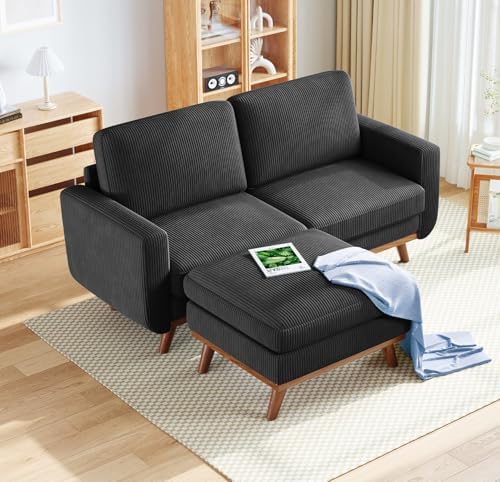 Vesgantti 68" Loveseat Sofa with Movable Ottoman, Comfy Corduroy Couch with Spring Cushion, Sofa Couch with Solid Wood, Modern Office Sofa with Deep Seat for Living Room and Bedroom, Black by Vesgantti