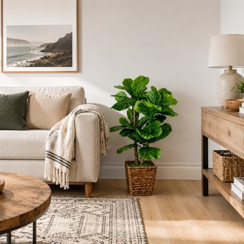 Fake Plant 3ft Faux Fiddle Leaf Fig Tree in Premium Woven Basket by LCG Florals, Fully Assembled, Real Wood Trunk, Artificial Indoor Plant for Living Room Décor, Fake Tree for Home Office Bedroom - Image 2
