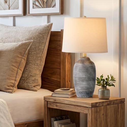 24.5" Vintage Ceramic Table Lamp Single-Rustic Boho Accent Nightstand Lamps for Bedroom, Living Room, Entryway-Small Textured Bedside Lamps, Modern Farmhouse Table Lamps for Home Decor Gray - Image 5