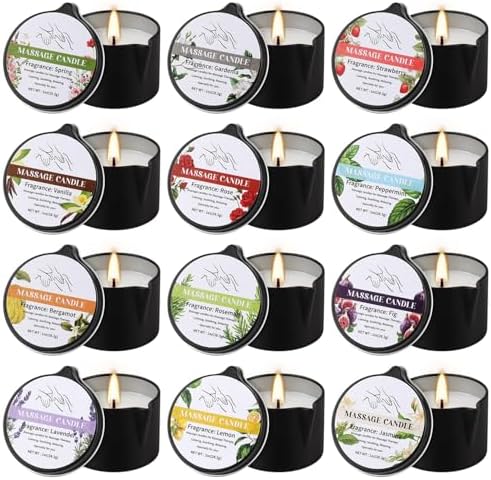12-Pack Massage Candle Set - Low Temperature Soy Wax Melts into Silky Smooth Massage Oil, 1oz Aromatherapy Candles for Couples, Home Spa, Relaxation & Romantic Gifts (12 Scents) by Grcdoyvl