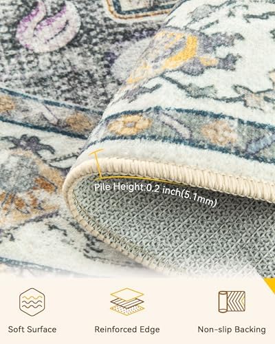 RELEANY Washable Area Rug, Round 5ft, Beige/Carbon Grey/Orange - Image 4