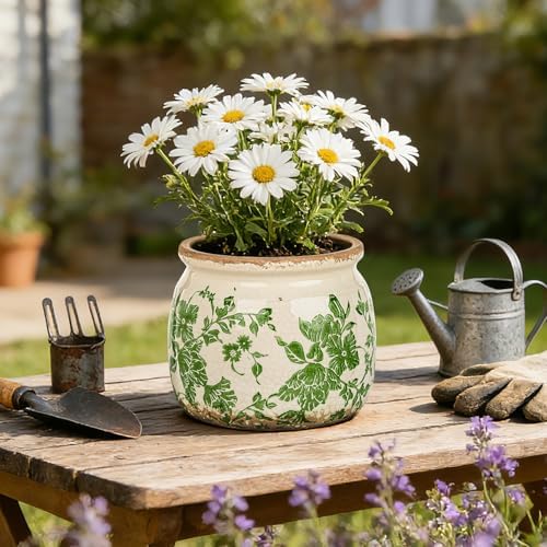 Sungmor 2 Pack Farmhouse Ceramic Planters, Tuscan Decor, Green & Grey - Image 6