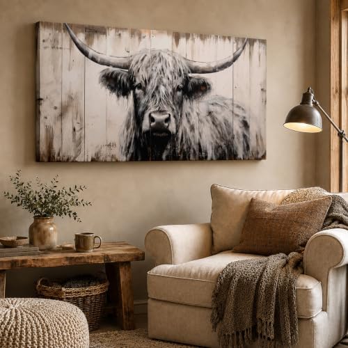 Large Highland Cow Canvas Wall Art, Black and White Cow Picture, 20x40 Inch by MBFKVFE