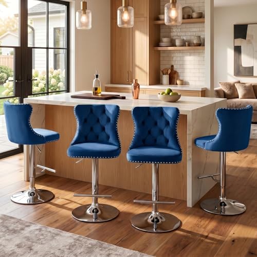 SoarFlash Velvet Bar Stool Set of 6, Adjustable Swivel Bar Stools with Silver Plated Metal Leg, Button Tufted, Footrest, Chrome Nailhead, Counter Height Chair for Kitchen, Bar, Dining Room (Blue) - Image 4
