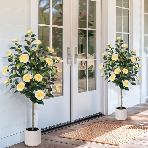 Yepdin 47 inch Artificial Camellia Tree with White Flower Pots - 2 Pack Yellow Tall Fake Plants,4 Ft Artificial Plants Indoor wich Blooming,Faux Plants Indoor for Outdoor Front Home Door by Yepdin