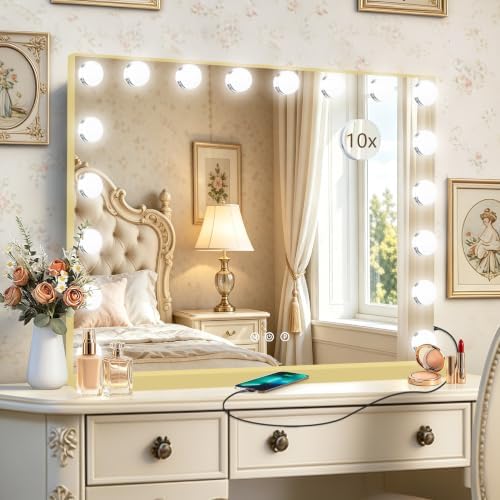 Ratsamee Gold Hollywood Vanity Mirror with Lights, 18 Dimmable Bulbs, 3 Color Lights,Make Up Lighted Mirror, Aluminum Metal Frame, USB Charging Port（32" x 24"） by RATSAMEE