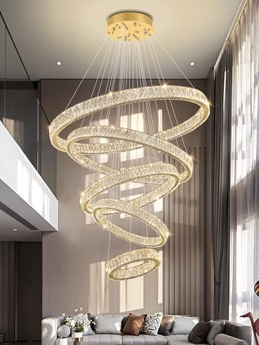 Modern Gold Ring Chandelier for High Ceiling Foyer,Large Crystal Chandelier for Staircase Villa D8''+15.7"+23.6"+31.5"+39.4" - Image 3