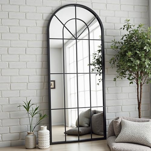 Dewfig Arched Windowpane Floor Mirror, 71"x 32" Full Length Mirror, Black - Image 2