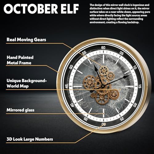 October Elf Large Real Moving Gears Wall Clock 24 Inch with World Map - Image 4