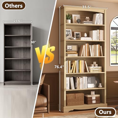 TVU 6-Tier Wooden Bookshelf, 76 Inch Tall Bookshelf with Storage, Floor Standing Modern Style Display Bookcase for Living Room, Office, Study Room, Entryway, Natural Wood Color - Image 6