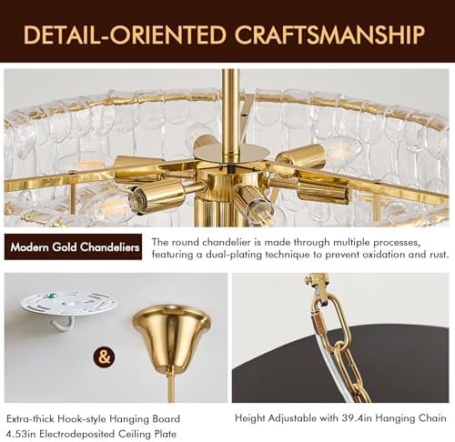 23in Large Chandelier Gold, Modern Dining Room Light Fixtures, 3 Layer Luxury Glass Chandelier 9 Light Chandeliers for Dining Room Kitchen Island Living Room (Clear Glass) - Image 3