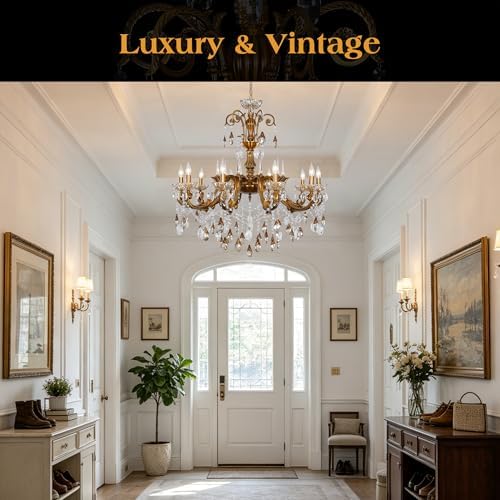 French Crystal Chandelier Antique Gold Candle-Style Pendant Light - Image 3
