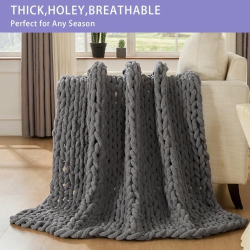 Bigacogo Chunky Knit Throw Blanket for Couch, 51x63 inches, Slate Gray - Image 4