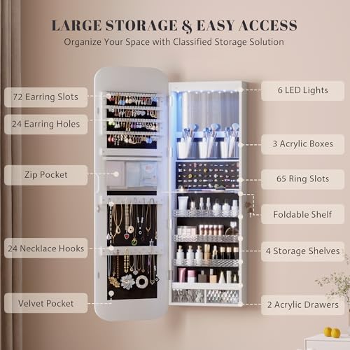 Vlsrka 47.2" Wall/Door Mounted Jewelry Cabinet Organizer Armoire W/Mirror - Image 5