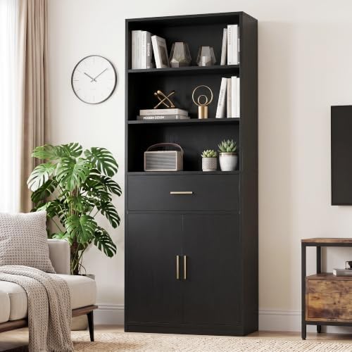 Shintenchi Bookshelf,6-Tier Bookcase with 1 Drawer & 1 Cabinet, 6 Shelf Display Storage Shelves Floor Standing 70.6 inches Tall Bookcase for Home Office, Living Room (Black) - Image 2
