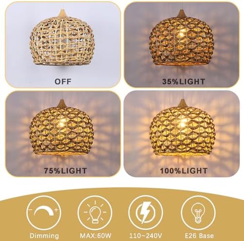 Boho Pendant Lights, 15.7" 1-Light Rattan Chandelier Hand-Woven Wicker Pendant Light with Water Hyacinth Shade, Coastal Dome Hanging Light for Dining Room Kitchen Island - Image 3
