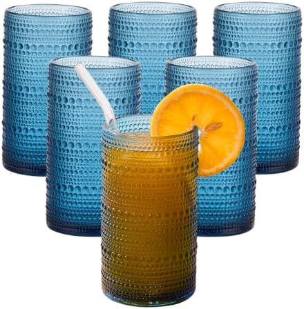 Vintage Hobnail Drinking Glasses Set of 6, 16 oz Large Capacity Embossed BlueTumblers, Highball Glasses for Water, Cocktail, Beer, Whiskey, Kitchen & Bar Use by Unknown