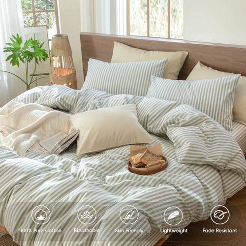 MooMee Striped Duvet Cover Set 100% Washed Cotton Linen Like Queen - Image 4