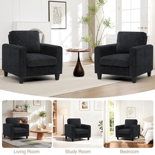 Accent Chairs Set of 2 for Living Room, Mid Century Modern Upholstered Living Room Chair, Chenille Reading Armchair for Apartment, Waiting Room, Office, Black - Image 3