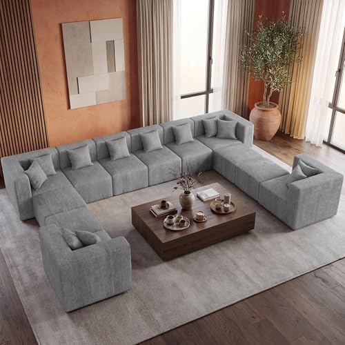 MONVANE Modular Sectional Sofa, Oversized 12 Seat Convertible U Shaped Couch with Ottoman, Comfy Chenille Cloud Couch with Pillow, Sectional Couches for Living Room, No Assembly Required, Light Grey - Image 2