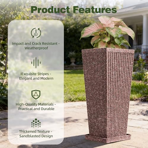 Square Tall Planters for Outdoor Plants with Tray - Stone Finishes - Image 4