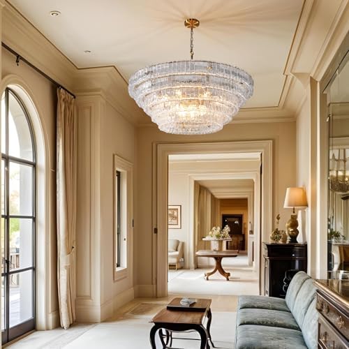YIOSI Clear Glass 47 inch Round Chandelier for Dining Room, Modern Drum Pendant Light Fixture with Crystal Glass, Gold Large Ceiling Light Perfect for Living Room, Bedroom - Image 6
