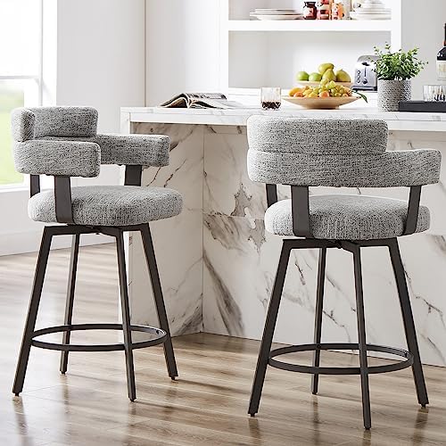 Counter Height Bar Stools with Full Back – Swivel Counter Stools Set of 2 with Linen Padded Back, Metal Footrest, Modern Barstools for Kitchen Counter, Island, Dining Room, Grey 24 inch by FERFALDER