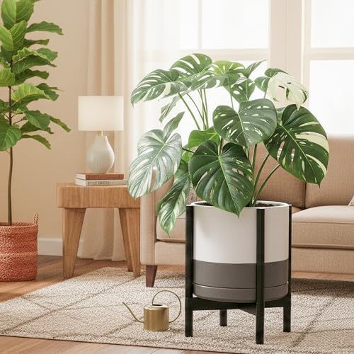 D'vine Dev Ceramic Pot with Ebony Wood Stand, White/Grey, 14 in, 55-B-S-6 - Image 2