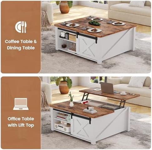 SEDETA 31.5" Lift Top Coffee Table with Storage, Square Coffee Tables for Living Room, Farmhouse Coffee Table with Large Hidden Storage Compartment and Adjustable Shelves, White - Image 4