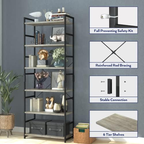 NUMENN 6 Tier Bookshelf, Tall Freestanding Open Storage Bookcase, Grey - Image 6